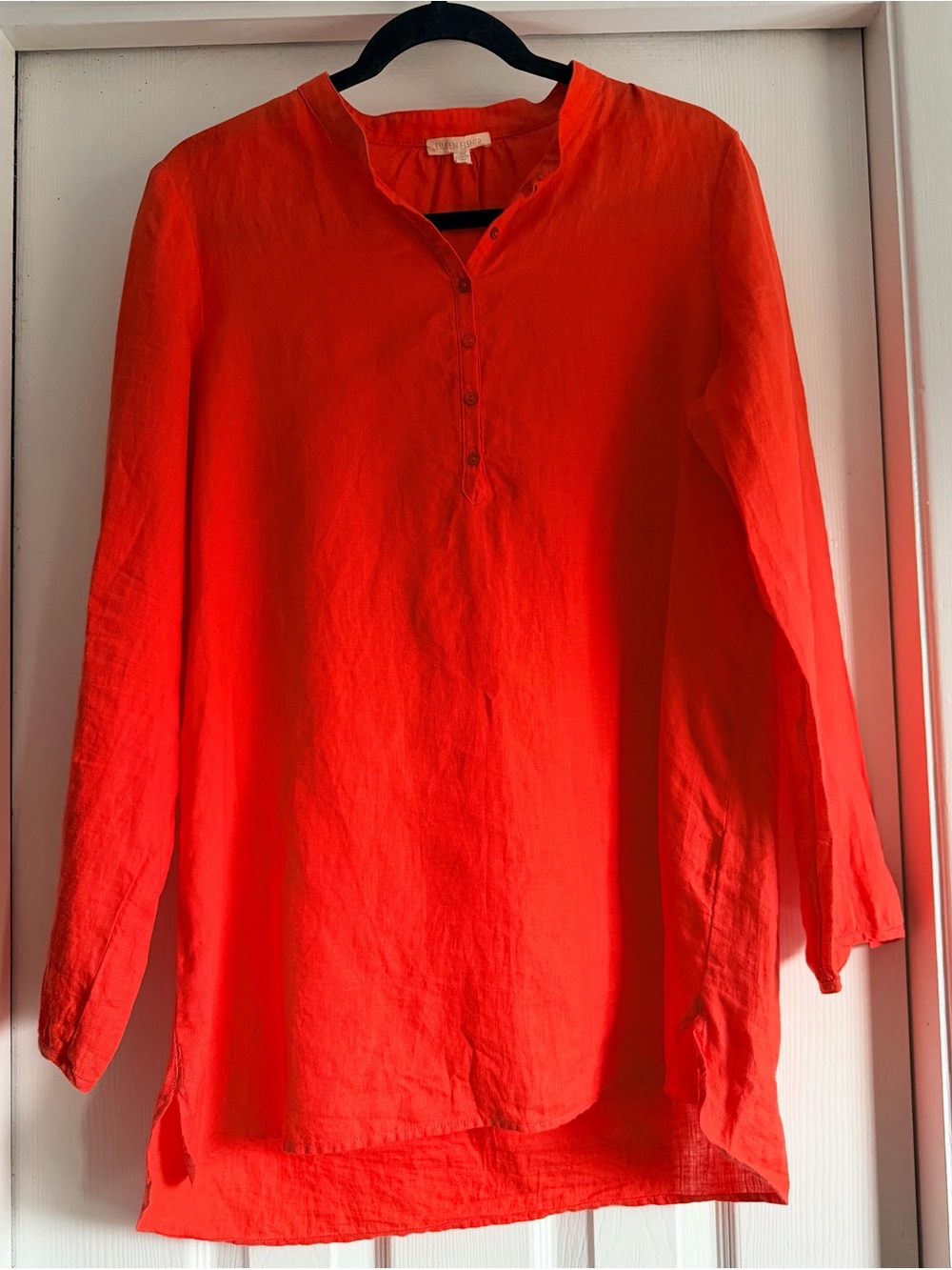 Eileen Fisher Organic Irish Linen Henley Tunic Shirt Orange Red Coral S